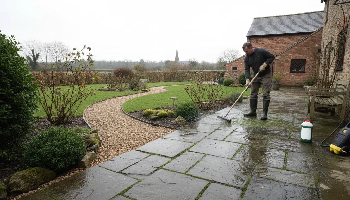 Patio and pathway maintenance in wet winters: preventing moss, algae and slips across Newark and Sleaford