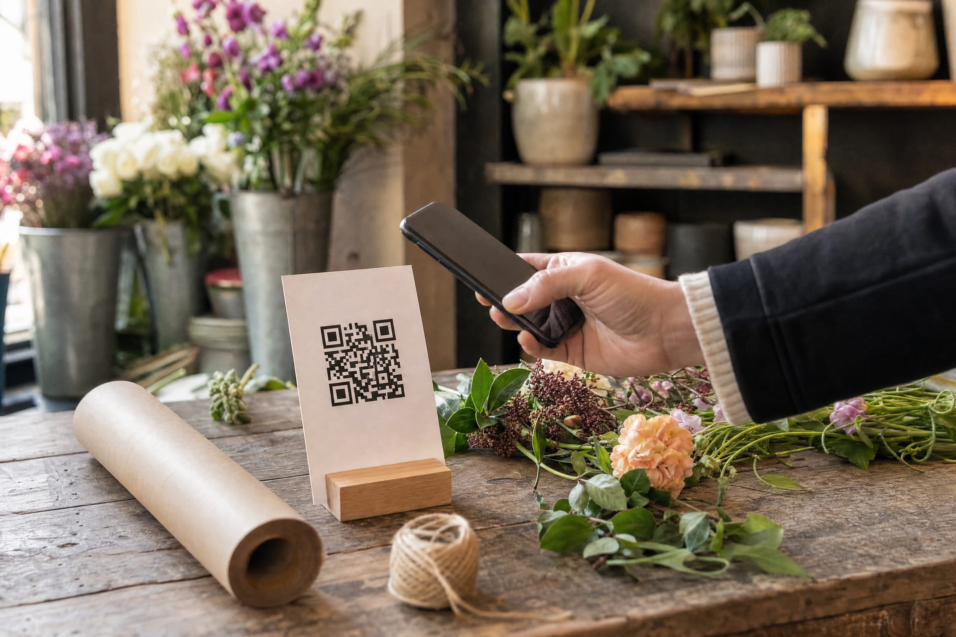 A customer scanning a QR code card with their phone on a florist's counter